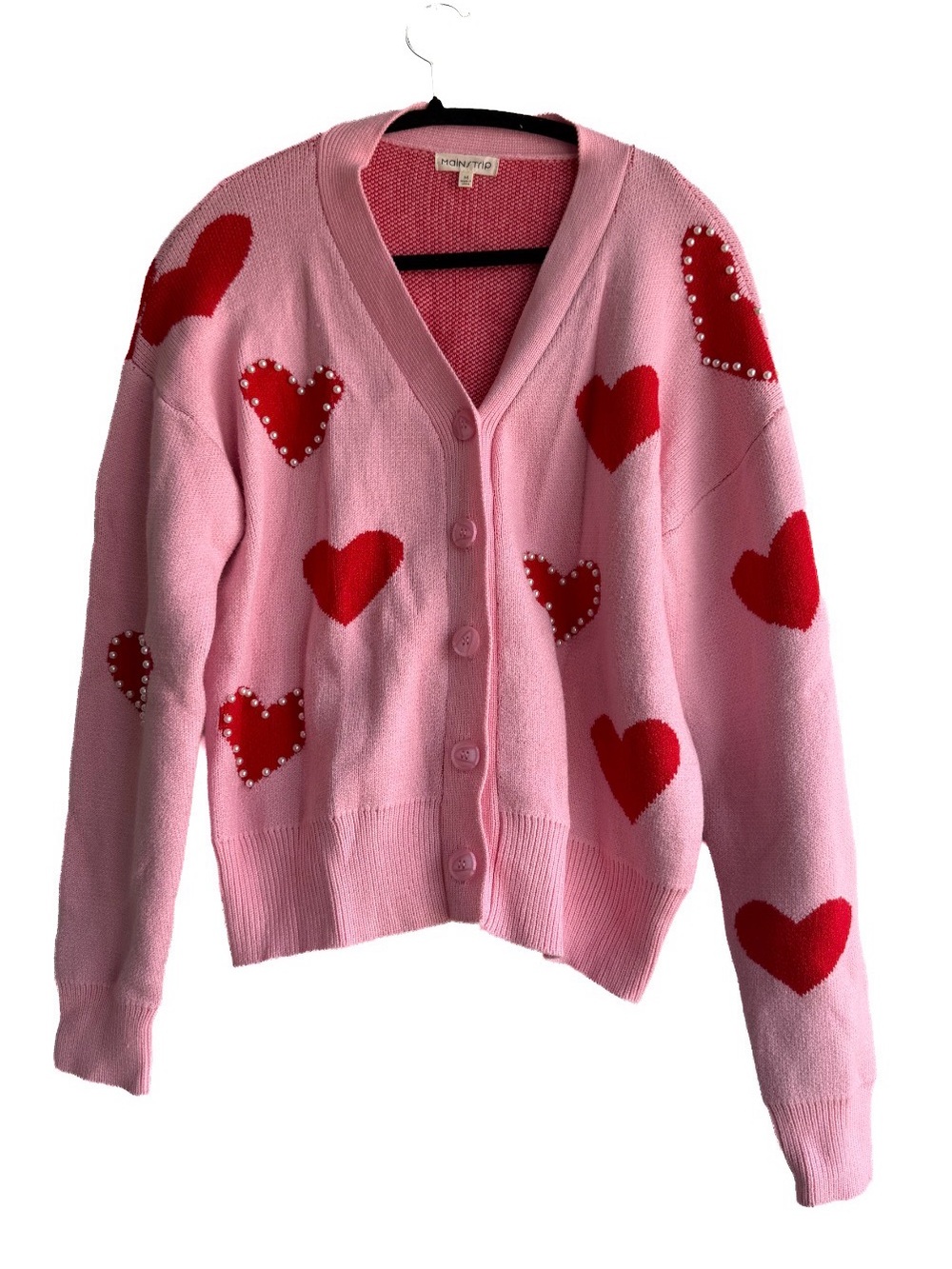 Main Strip Pink Heart-Print Cardigan Sweater
